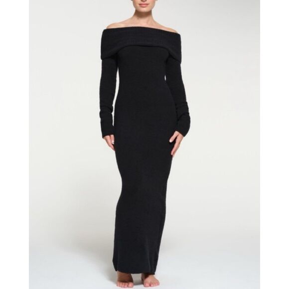 NWT SKIMS Cozy Knit Off the Shoulder Dress XL Onyx - Picture 1 of 9
